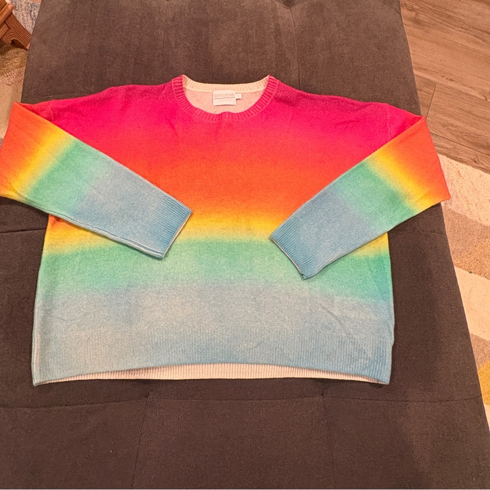 Brodie 100% Cashmere Rainbow Crew Neck Sweater Palm Tree on back Small